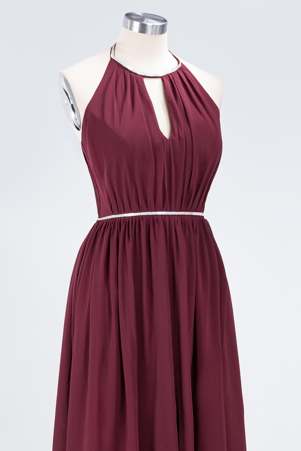 BMbridal Chic Burgundy Halter Long Backless Bridesmaid Dress with Beadings-BMbridal
