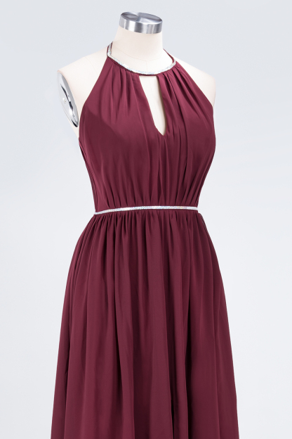 BMbridal Chic Burgundy Halter Long Backless Bridesmaid Dress with Beadings-BMbridal