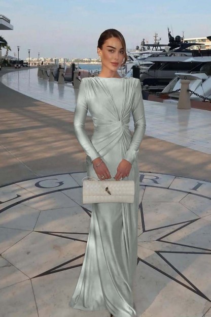 Chic Jewel Long Sleeves Mermaid Long Prom Dress With Pleated