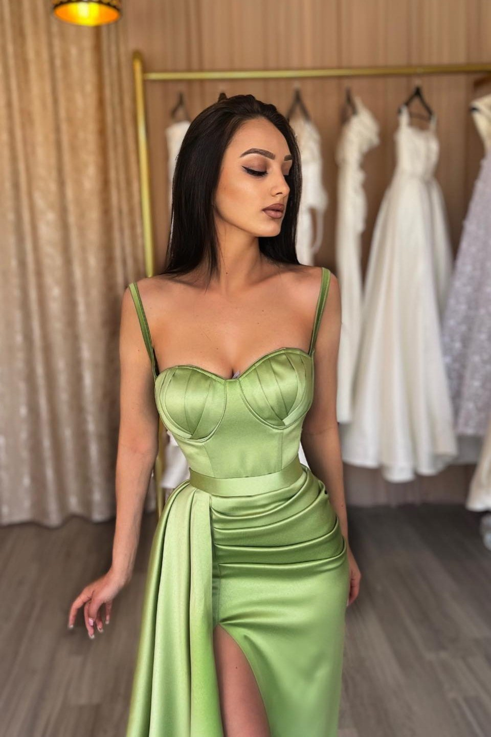 Spaghetti Strap Sweetheart Sage Mermaid Prom Dress With Split