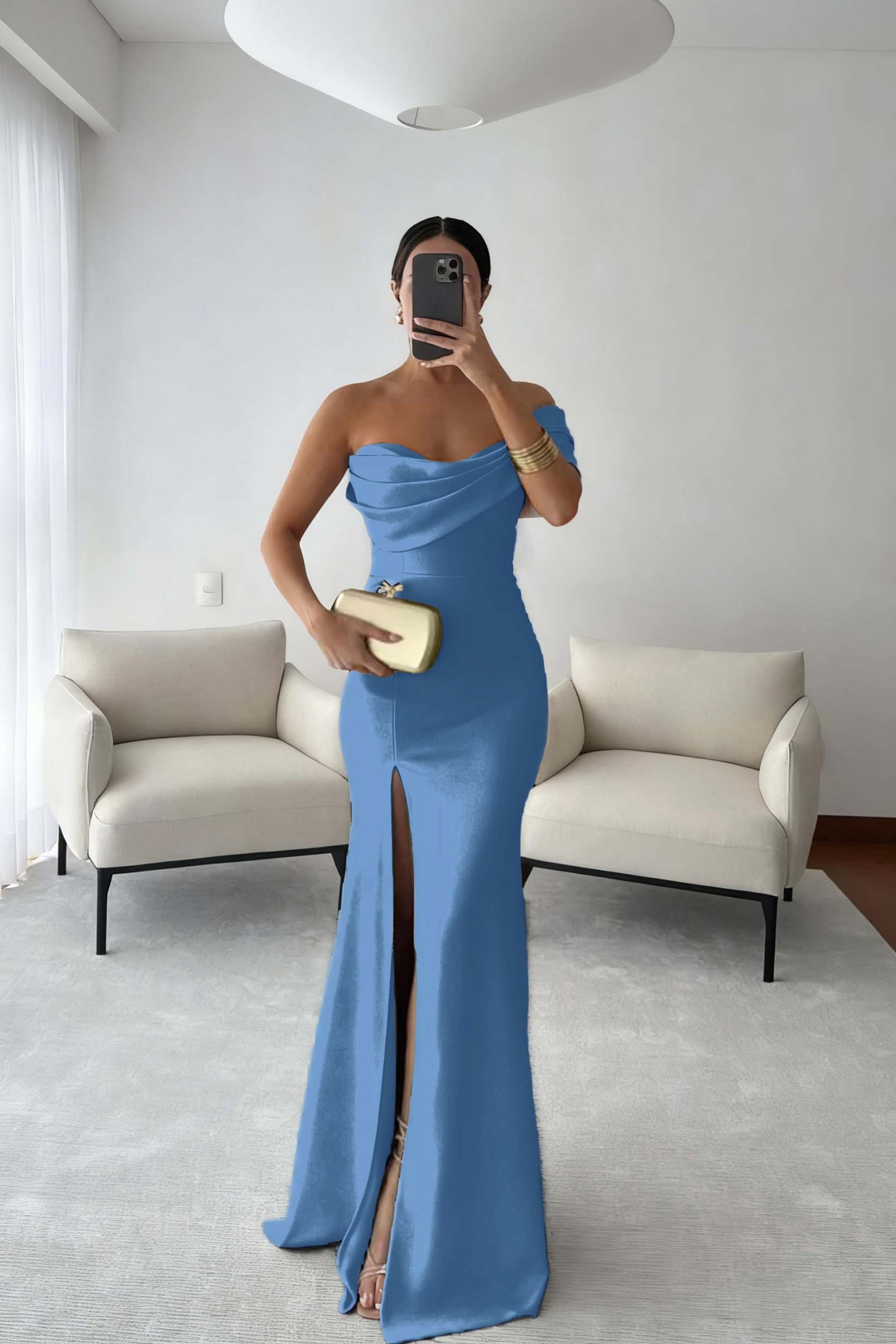 One Shoulder Sleeveless Long Mermaid Prom Dress With Split Pleated