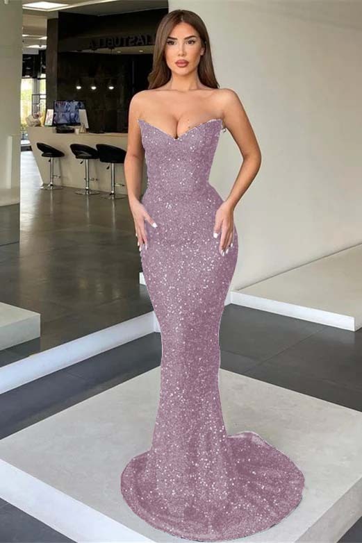 Black Strapless Sleeveless Long Mermaid Prom Dress With Sequins