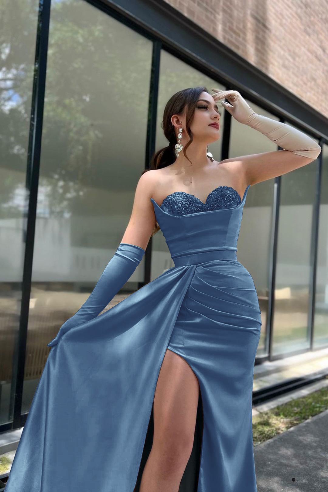 Prom Dress Sleeves Champagne Sweetheart High Slit With Gloves