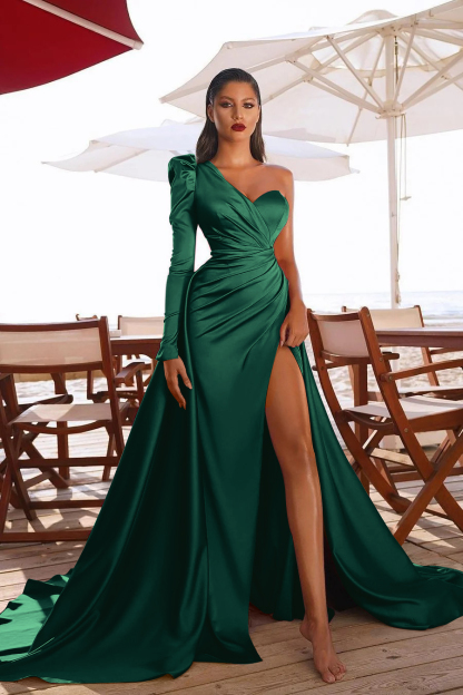 Glamorous One Shoulder Long Sleeve Long Pleated Prom Dress With High Split