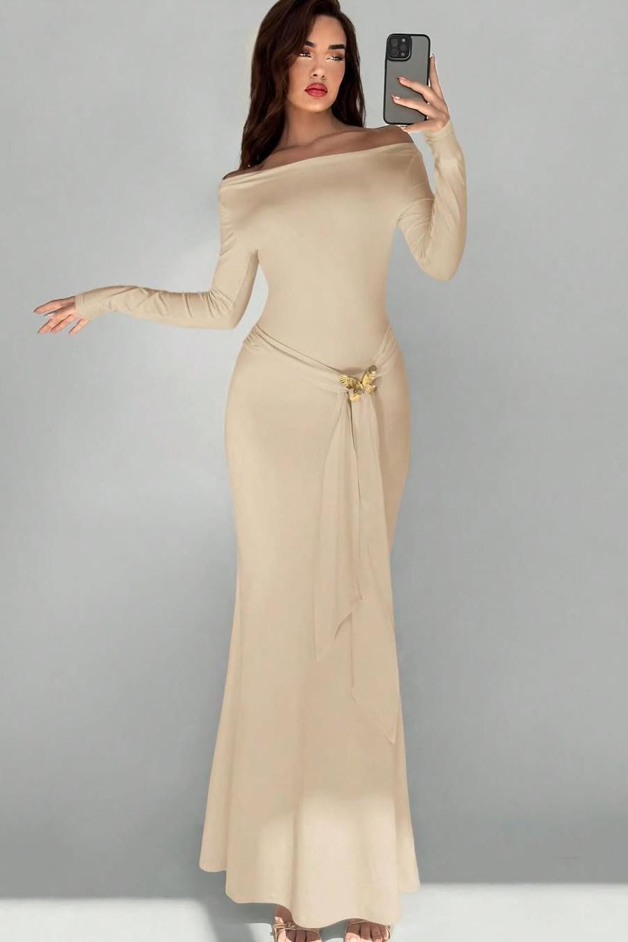 Off the Shoulder Long Sleeves Long Mermaid Prom Dress With Appliques