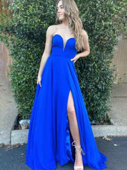 Blue A Line Strapless V Neck Long Prom Dress with Slit