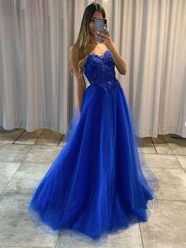 Blue A Line Spaghetti Straps Tulle Long Prom Dress with Appliques