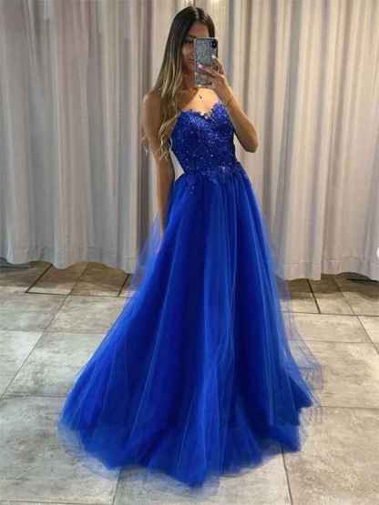 Blue A Line Spaghetti Straps Tulle Long Prom Dress with Appliques