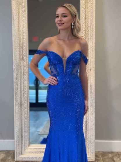 Off the Shoulder Prom Gowns for Women Mermaid Royal Blue Evening Dress
