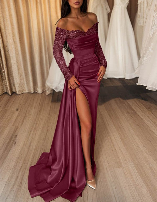 Off-the-Shoulder Floor-Length Prom Dress with Side Split and Sequins