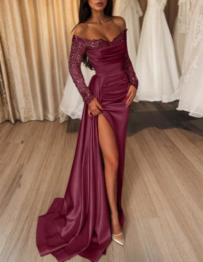 Off-the-Shoulder Floor-Length Prom Dress with Side Split and Sequins