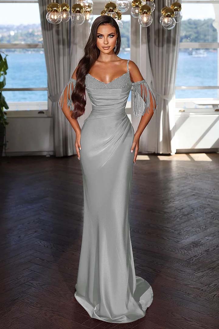 Off the Shoulder Sleeveless Mermaid Long Prom Dress With Tassel