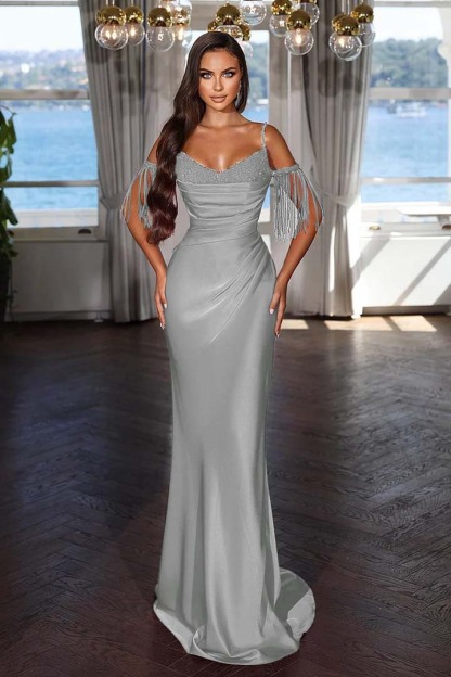 Off the Shoulder Sleeveless Mermaid Long Prom Dress With Tassel