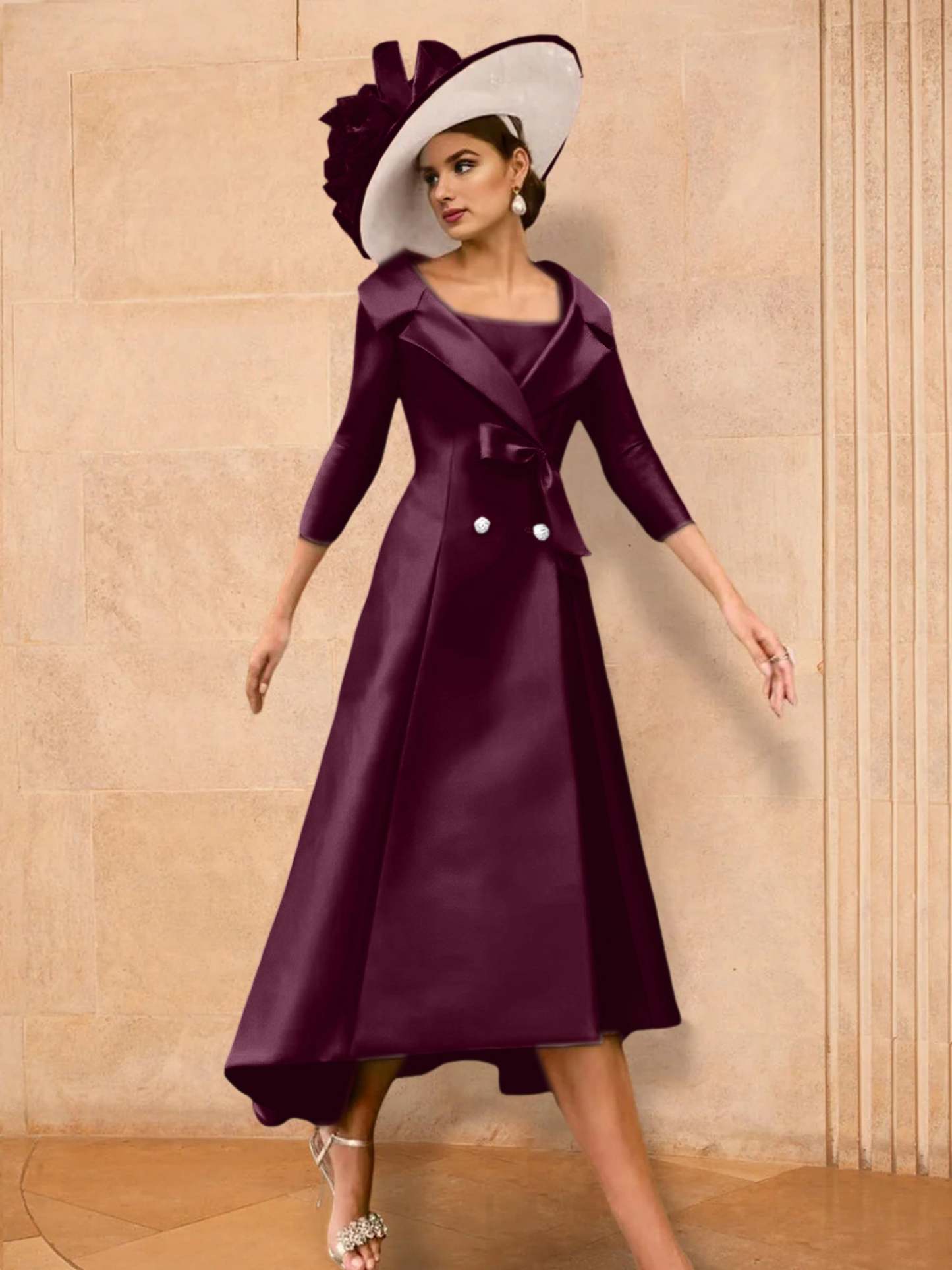 Long-Sleeve A-Line Princess Mother of the Bride Dress Featuring a Bowknot