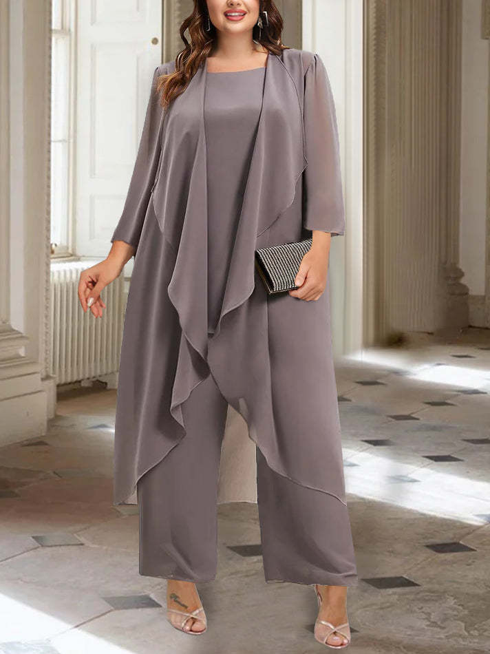 Ankle-Length Mother of the Bride Pantsuits with Jacket in Chiffon Round Neck and 3/4 Sleeves