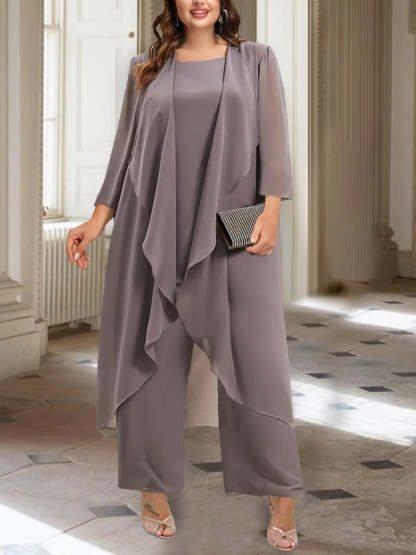 Ankle-Length Mother of the Bride Pantsuits with Jacket in Chiffon Round Neck and 3/4 Sleeves