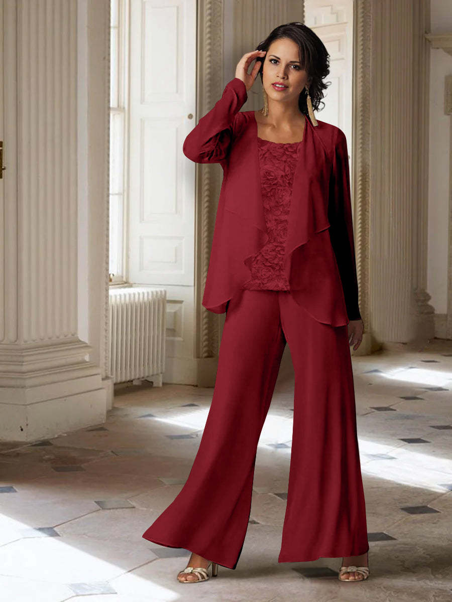Long-Sleeve Chiffon Pantsuit with Jacket for the Mother of the Bride