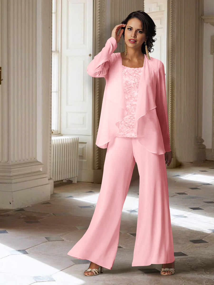 Long-Sleeve Chiffon Pantsuit with Jacket for the Mother of the Bride