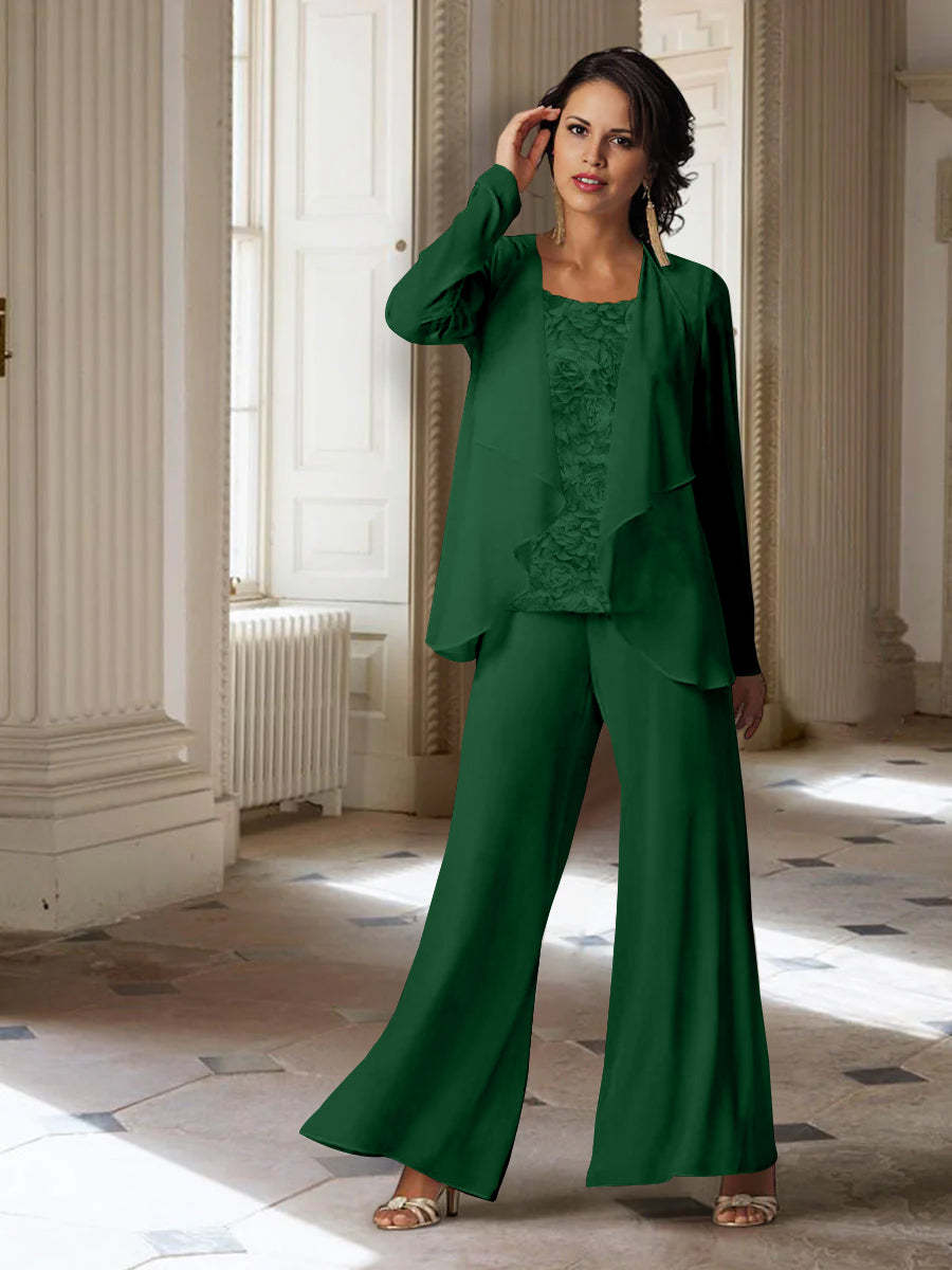 Long-Sleeve Chiffon Pantsuit with Jacket for the Mother of the Bride