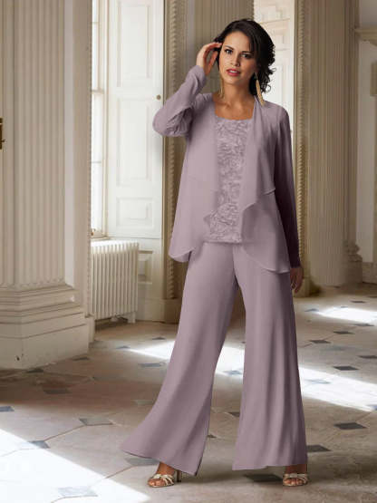Long-Sleeve Chiffon Pantsuit with Jacket for the Mother of the Bride