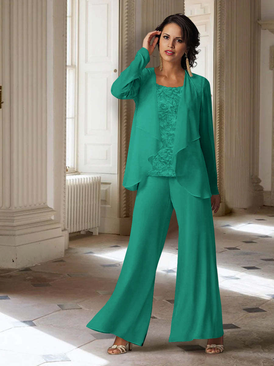 Long-Sleeve Chiffon Pantsuit with Jacket for the Mother of the Bride