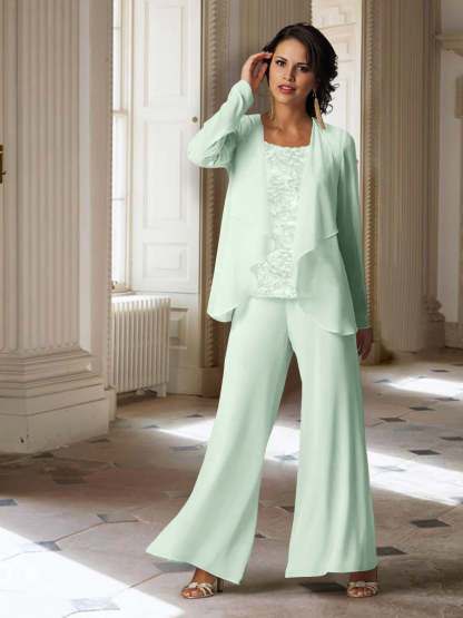 Long-Sleeve Chiffon Pantsuit with Jacket for the Mother of the Bride