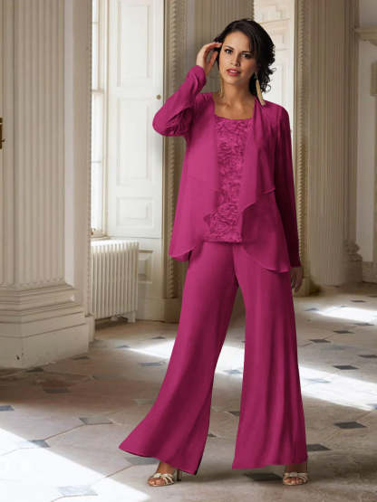 Long-Sleeve Chiffon Pantsuit with Jacket for the Mother of the Bride