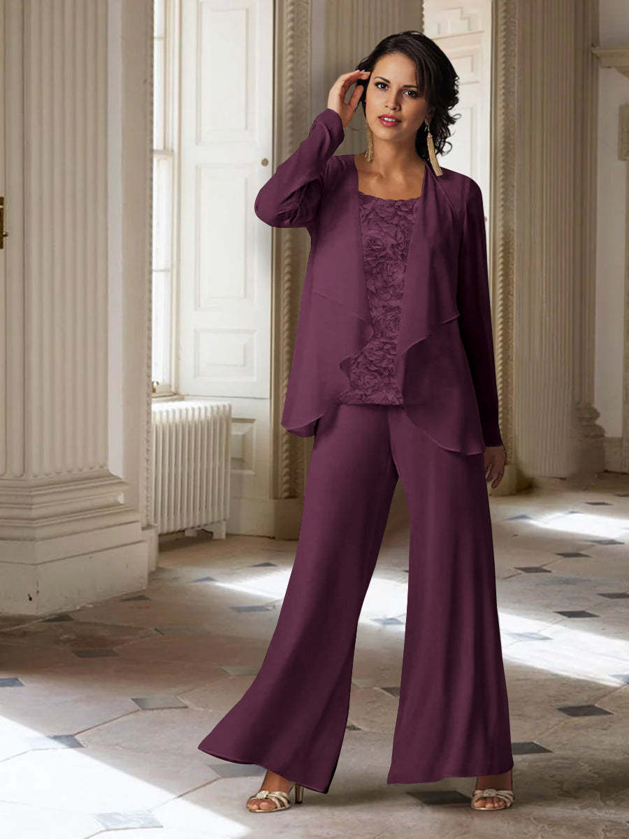 Long-Sleeve Chiffon Pantsuit with Jacket for the Mother of the Bride