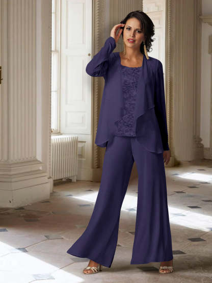 Long-Sleeve Chiffon Pantsuit with Jacket for the Mother of the Bride