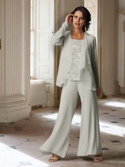 Long-Sleeve Chiffon Pantsuit with Jacket for the Mother of the Bride