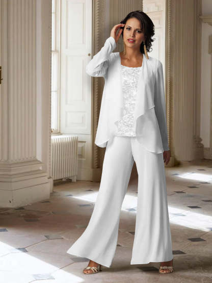 Long-Sleeve Chiffon Pantsuit with Jacket for the Mother of the Bride