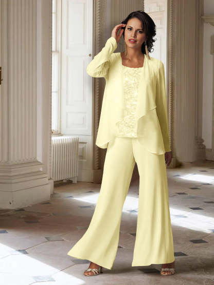 Long-Sleeve Chiffon Pantsuit with Jacket for the Mother of the Bride