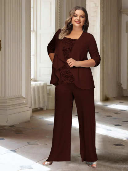 Plus Size Mother of the Bride Chiffon Pantsuit with Long Sleeves and Jacket