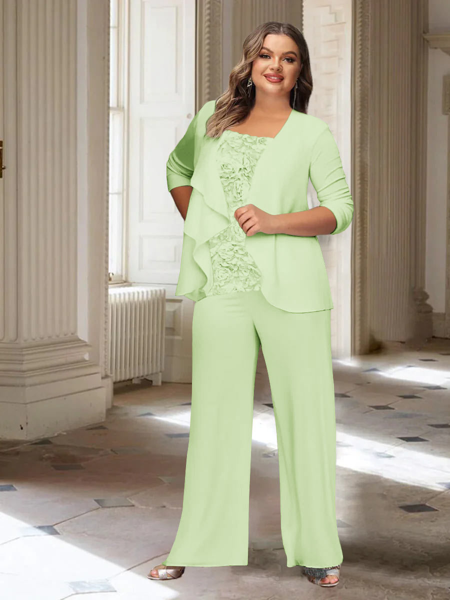 Plus Size Mother of the Bride Chiffon Pantsuit with Long Sleeves and Jacket