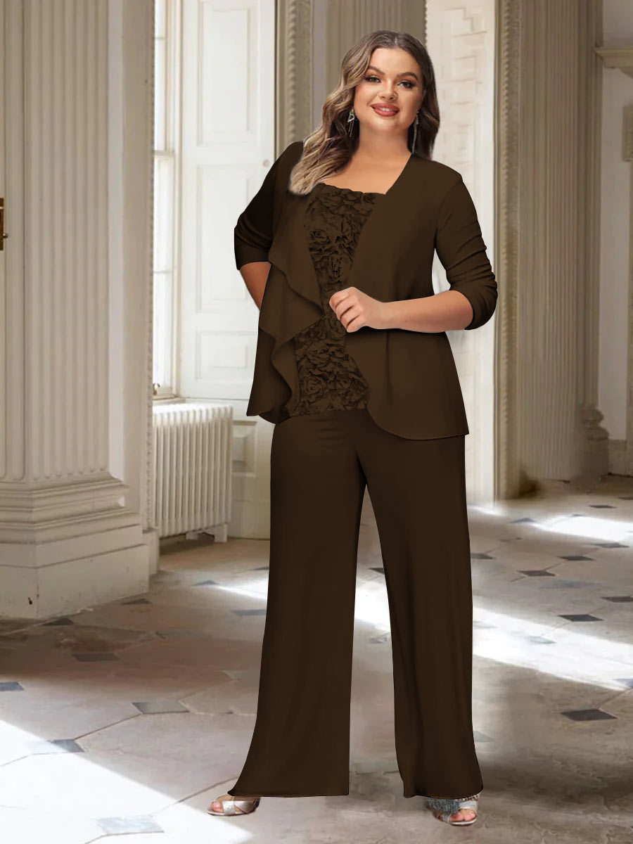 Plus Size Mother of the Bride Chiffon Pantsuit with Long Sleeves and Jacket