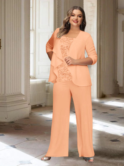 Plus Size Mother of the Bride Chiffon Pantsuit with Long Sleeves and Jacket