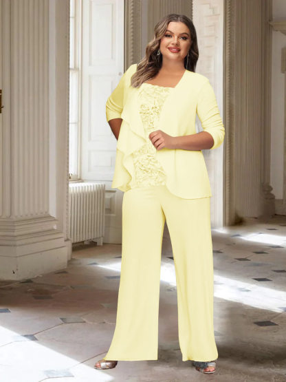 Plus Size Mother of the Bride Chiffon Pantsuit with Long Sleeves and Jacket