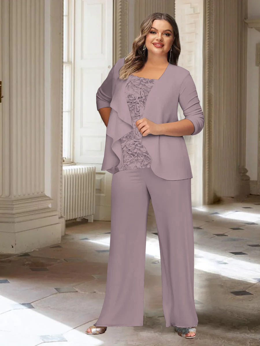 Plus Size Mother of the Bride Chiffon Pantsuit with Long Sleeves and Jacket
