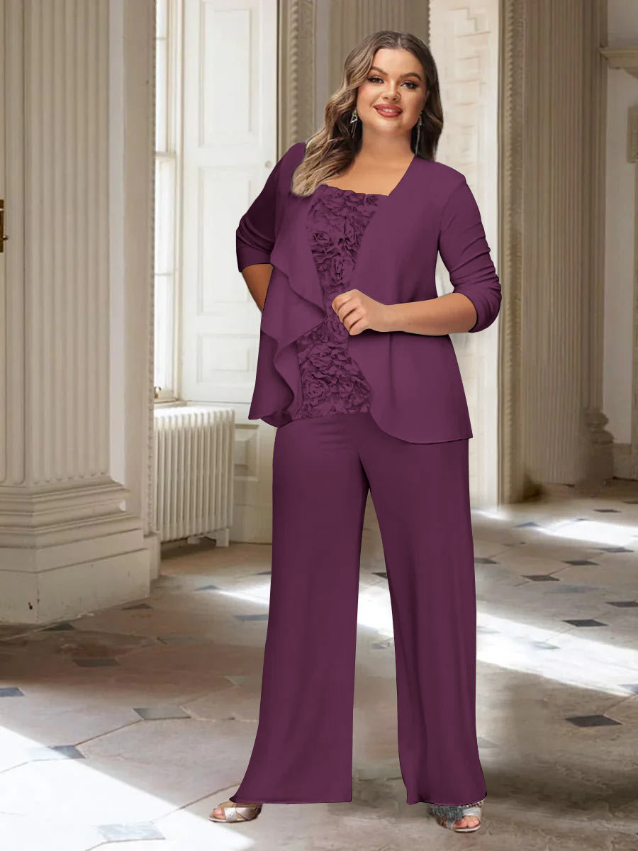 Plus Size Mother of the Bride Chiffon Pantsuit with Long Sleeves and Jacket