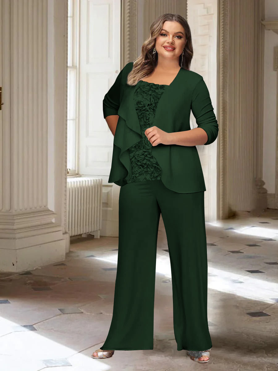 Plus Size Mother of the Bride Chiffon Pantsuit with Long Sleeves and Jacket