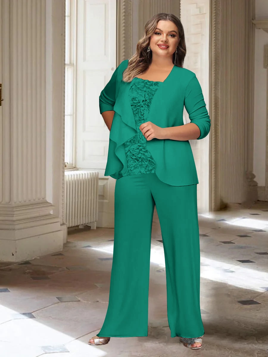 Plus Size Mother of the Bride Chiffon Pantsuit with Long Sleeves and Jacket