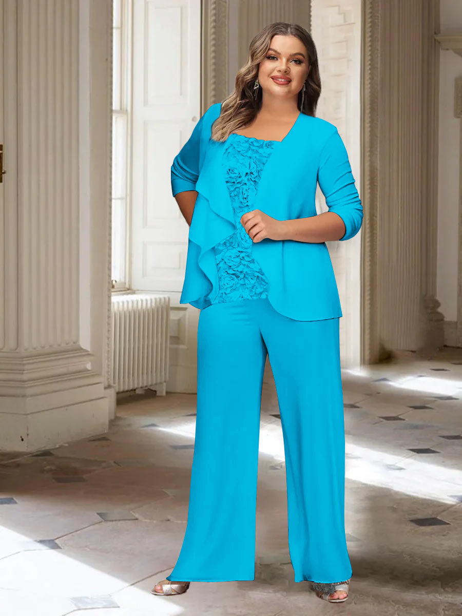 Plus Size Mother of the Bride Chiffon Pantsuit with Long Sleeves and Jacket
