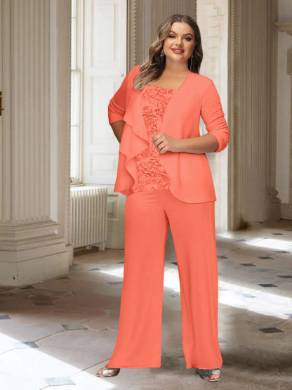 Plus Size Mother of the Bride Chiffon Pantsuit with Long Sleeves and Jacket