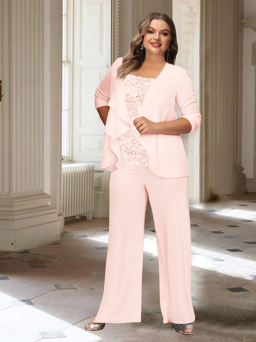 Plus Size Mother of the Bride Chiffon Pantsuit with Long Sleeves and Jacket
