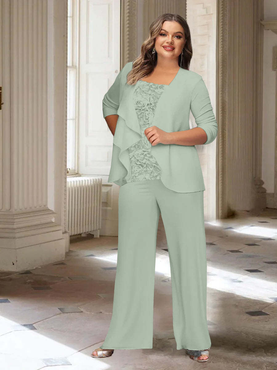 Plus Size Mother of the Bride Chiffon Pantsuit with Long Sleeves and Jacket