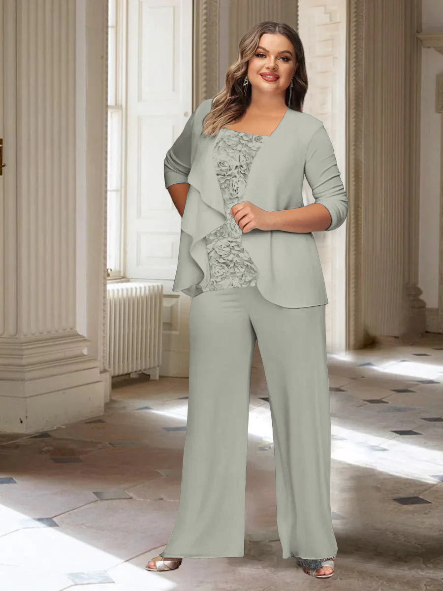 Plus Size Mother of the Bride Chiffon Pantsuit with Long Sleeves and Jacket