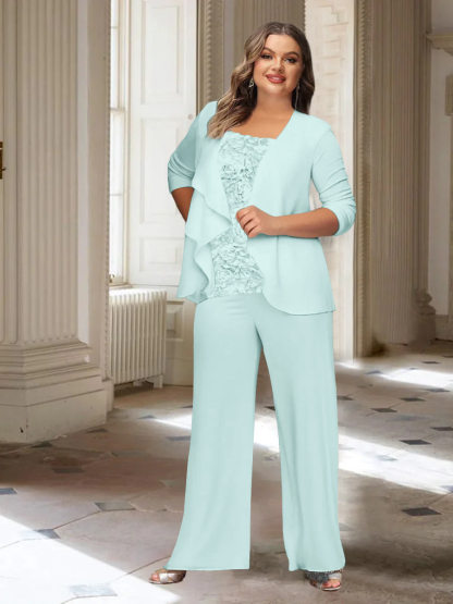 Plus Size Mother of the Bride Chiffon Pantsuit with Long Sleeves and Jacket