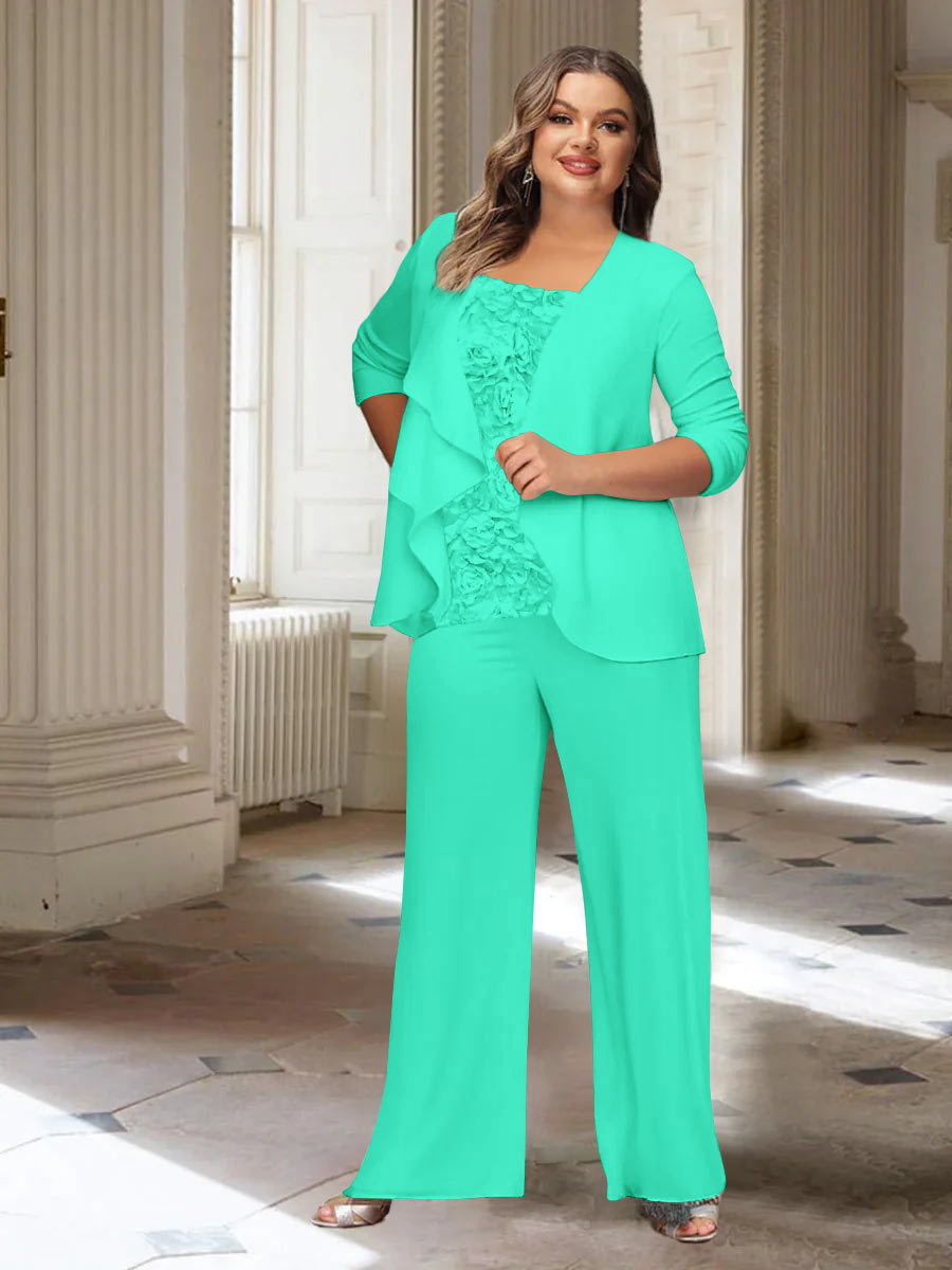 Plus Size Mother of the Bride Chiffon Pantsuit with Long Sleeves and Jacket