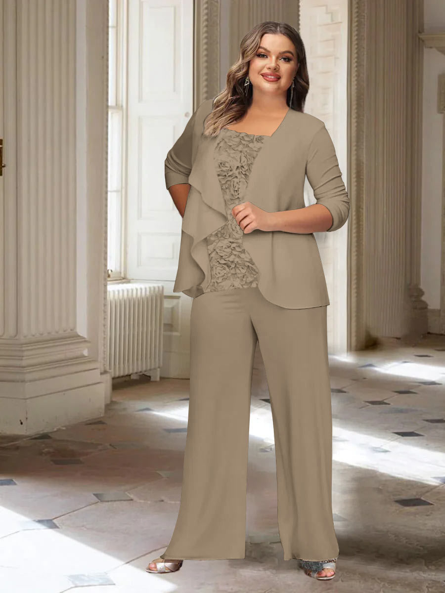 Plus Size Mother of the Bride Chiffon Pantsuit with Long Sleeves and Jacket