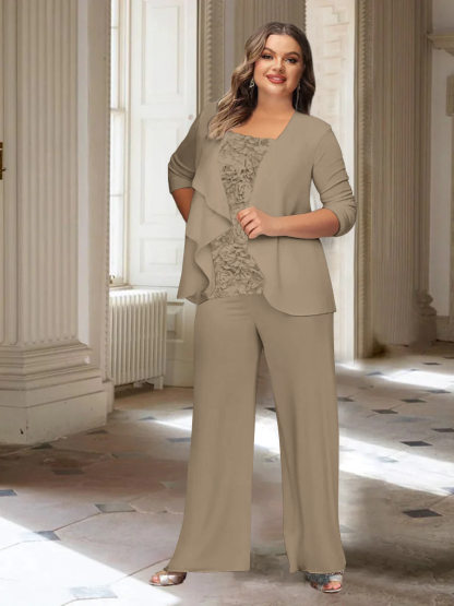 Plus Size Mother of the Bride Chiffon Pantsuit with Long Sleeves and Jacket